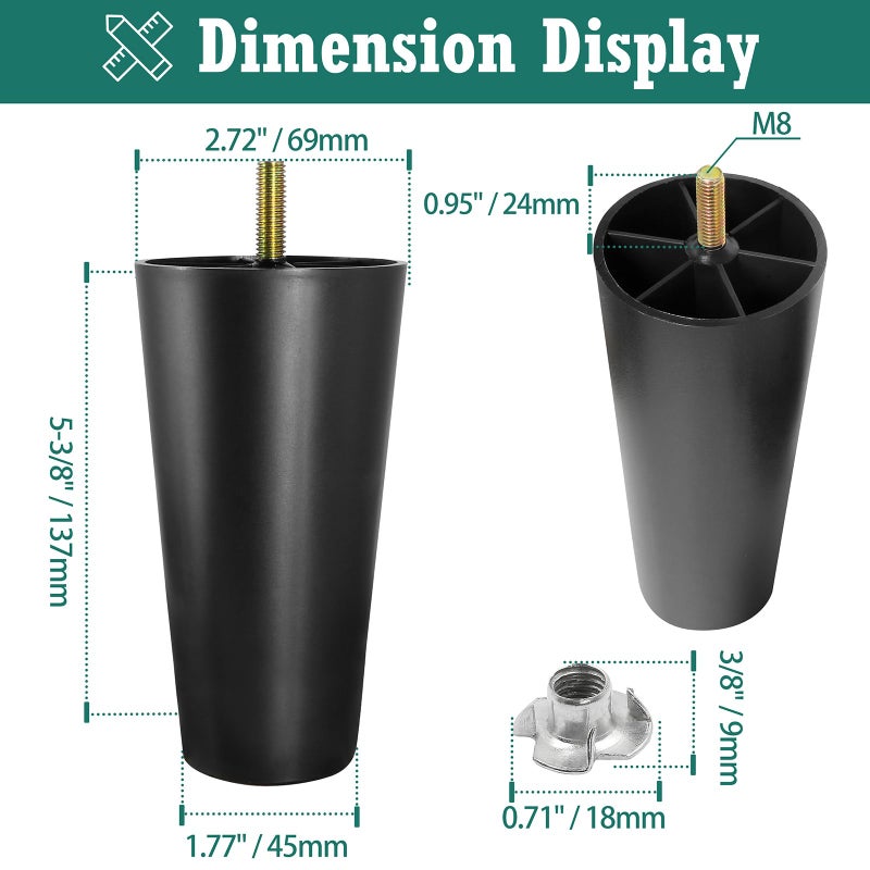 Masendelk 5-3/8 inch Plastic Furniture Legs, Round Tapered Table Legs Black Sofa Legs Replacement Legs with M8 Hanger Bolts for Couch Table Sofa, Pack of 4 - Image 3